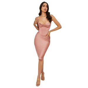 House of CB London Myrna Rose Satin Corset Slip Dress Fitted Valentine's Day Sm